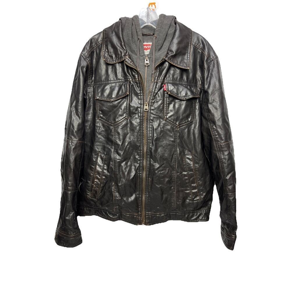 Levi Strauss Co Faux Leather Full Zip Brown Hooded Bomber Jacket Quilted Size L
